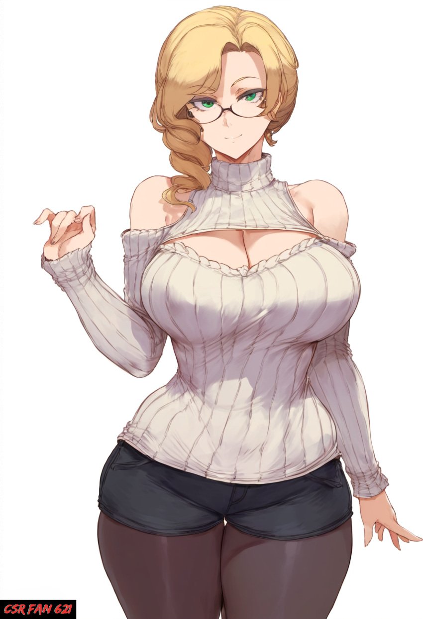 ai_generated bare_shoulders cleavage csr_fan_621 glasses glynda_goodwitch large_breasts leaning_forward looking_at_viewer ribbed_sweater rwby self_upload shorts sweater tagme voluptuous voluptuous_female