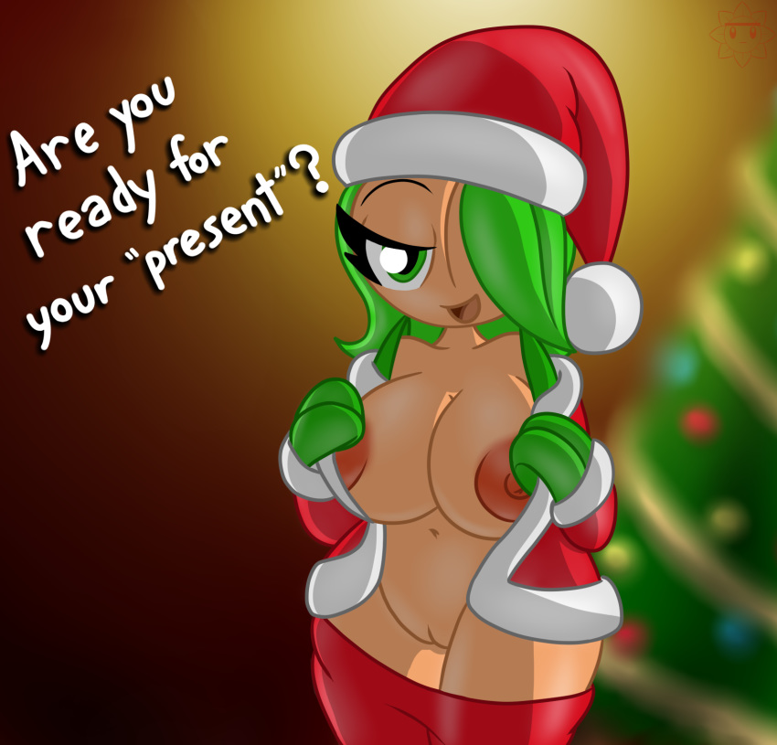 anthro big_breasts breasts christmas cleavage clothed clothing english_text flora_fauna food fruit green_hair hat holidays hyper_eyes looking_at_viewer navel orange_(fruit) plant pussy santa_hat screwroot standing tara_(screwroot) text