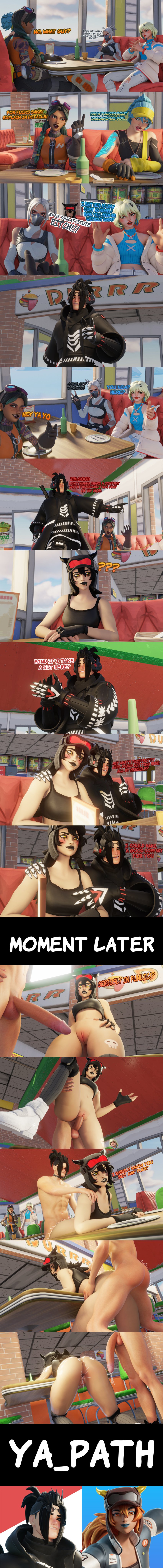 bangs cafe combat_tech_jules comet_(fortnite) comic dialogue dynamic_hush_(fortnite) evie_(fortnite) fortnite goth_girl goth_makeup high_ponytail hush_(fortnite) jules_(fortnite) lina_scorch ponytail_male public public_sex punk_girl rizz story summitseeker_evie_(fortnite) ya_path yoshida_(ya_path)