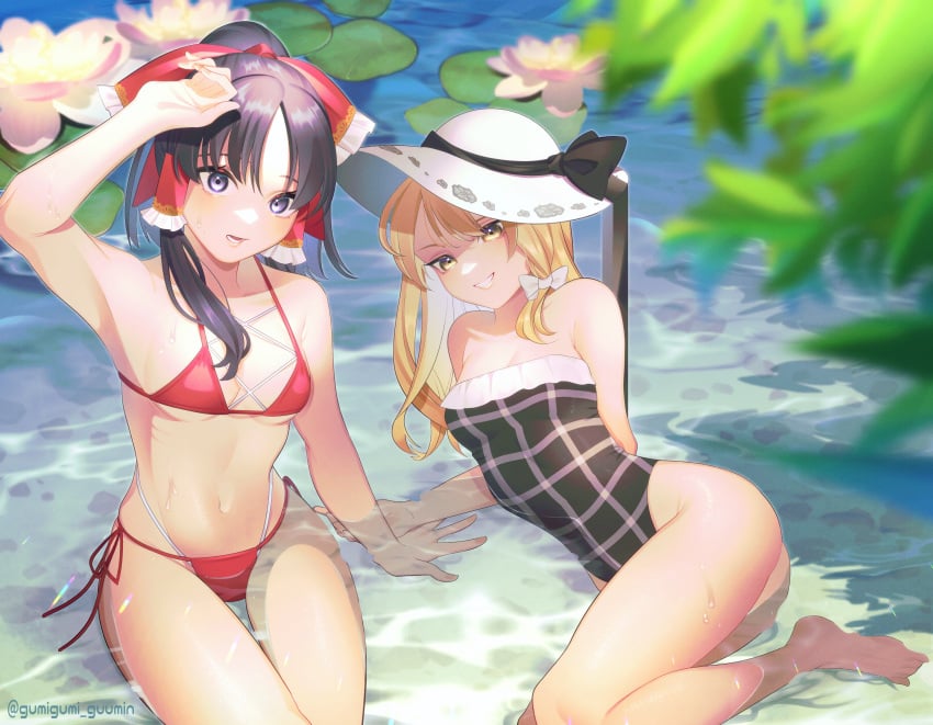 2girls absurdres arm_up armpits barefoot bikini black_hair blonde_hair blue_background blurry blurry_foreground bow branch breasts cowboy_shot cross-laced_bikini cross-laced_clothes eyebrows_hidden_by_hair feet_out_of_frame flower full_body grey_eyes grin guumin hair_between_eyes hair_over_shoulder hairbow hakurei_reimu hat highres kirisame_marisa leaf long_hair looking_at_viewer lotus lying marisa_kirisame multiple_girls on_side one-piece_swimsuit outdoors parted_lips partially_submerged ponytail red_bikini red_bow reimu_hakurei ribbon side-tie_bikini_bottom sitting small_breasts smile sun_hat swimsuit teeth thigh_gap touhou twitter_username water wet white_bow yellow_eyes