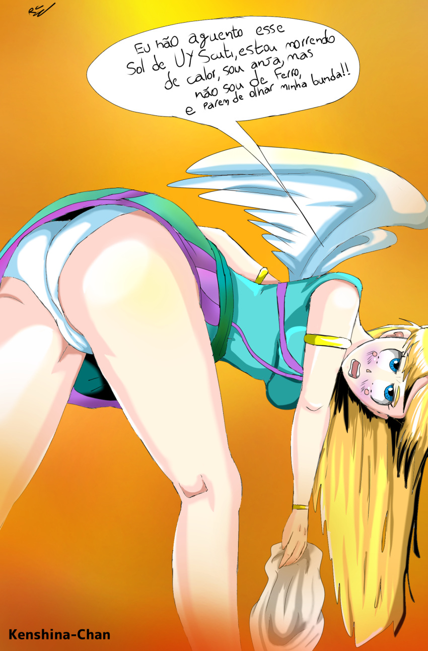 1girls angel angel_wings ass ass_focus big_ass big_butt blonde_hair blue_eyes brazil cute dobutsu_no_kurasu dragon_ball dragon_ball_super female flying funny legs long_hair manga orange_background original_character panties portuguese_text pussy sky star strange sun teenager white_panties white_skin