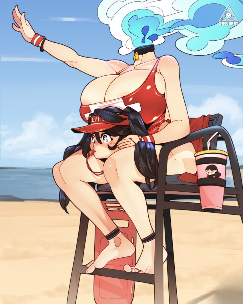 1girls 2024 ankle_band beach black_hair blue_eyes blue_flame cap cheunchin chloe_(doemoo) collar dullahan female female_only hi_res huge_breasts lifeguard lifeguard_chair lifeguard_swimsuit long_hair seaside sitting solo swimsuit wristband