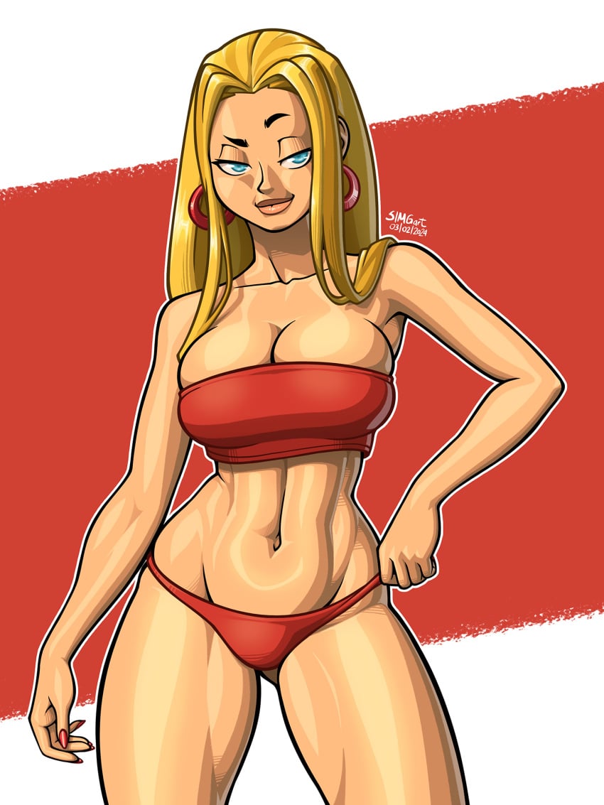 big_breasts bikini blaineley_(tdi) blonde_female blonde_hair blonde_hair_female blue_eyes breasts busty cleavage earrings female female_focus female_only hoop_earrings hourglass_figure long_hair looking_at_viewer navel red_bikini red_nails simgart smirk smirking solo tagme total_drama_island wide_hips