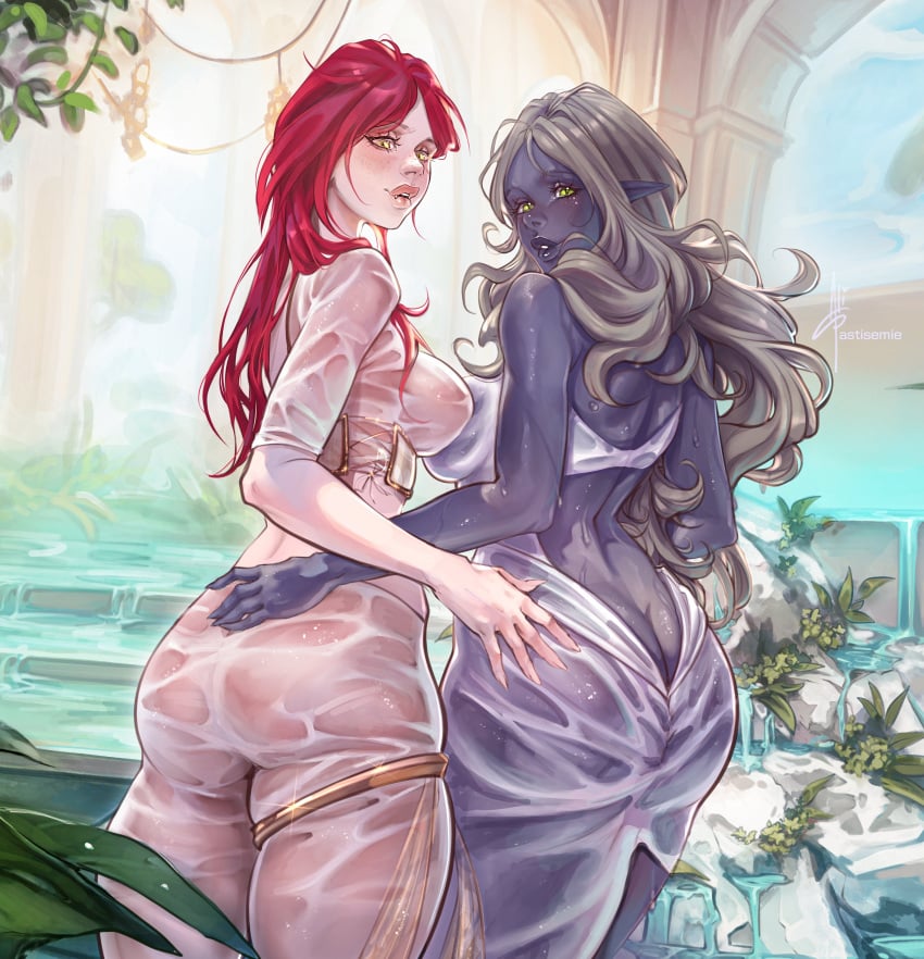 2girls ass astisemie butt_grab female female_only multiple_girls transparent_clothing wet_clothes yuri