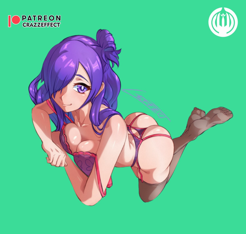 1girls ass big_ass bra breasts cleavage crazzeffect female female_only fire_emblem fire_emblem:_three_houses fire_emblem_warriors:_three_hopes garter_belt green_background hair_over_one_eye kneeling large_breasts long_hair looking_at_viewer nintendo off_shoulder panties purple_bra purple_eyes purple_hair purple_panties shez_(female)_(fire_emblem) shez_(fire_emblem) smile solo underwear