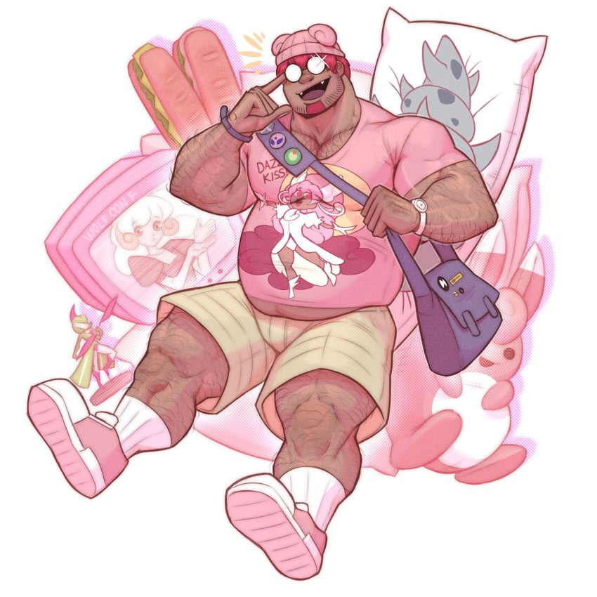 body_hair bulge clothing facial_hair flaccid fully_clothed game_freak gijinka glasses hat male male_only nintendo pokemon shirt shorts slowbro solo solo_male wolf_con_f