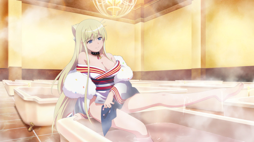 bare_shoulders bathtub blonde_hair blue_eyes breasts_popping_out feet laura_stuart long_hair official_art smile thighs to_aru_majutsu_no_index yukata