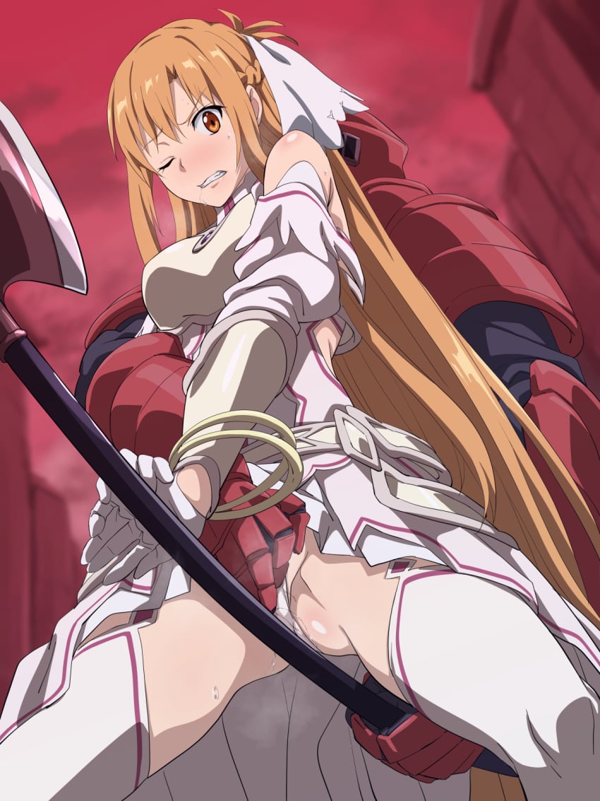 1boy armor ass bare_shoulders blonde_hair blush breastplate breasts brown_eyes brown_hair censored clothing_aside dress dubious_consent female fingering from_below gauntlets gloves head_back holding holding_weapon large_breasts long_hair nomanota one_eye_closed outdoors panties panties_aside pussy pussy_juice pussy_juice_trail red_armor red_knight_(sao) red_sky rubbing_pussy saliva shiny_skin sky standing straight sword_art_online thighhighs tongue tongue_out underwear very_long_hair weapon white_armor white_dress white_panties white_thighhighs yuuki_asuna