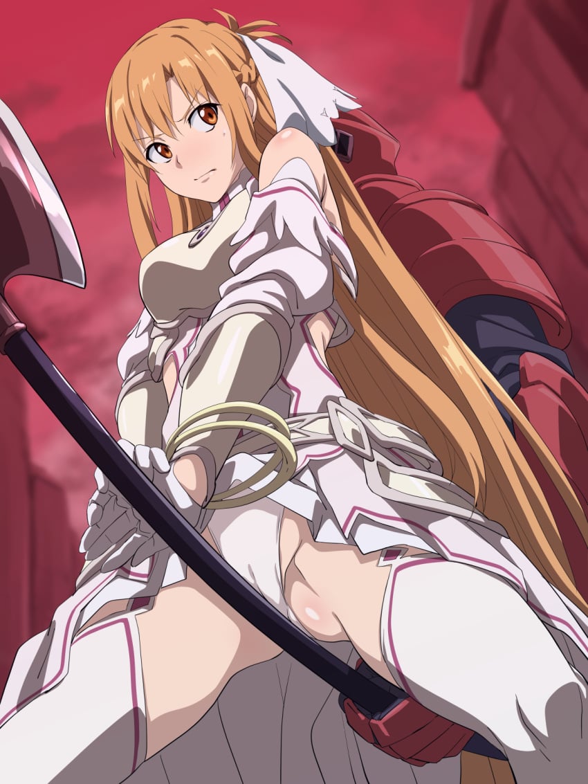 1boy armor ass bare_shoulders blonde_hair blush breastplate breasts censored clothing_aside dress female fingering from_below gauntlets head_back holding holding_weapon large_breasts long_hair nomanota outdoors panties panties_aside pussy red_armor red_knight_(sao) red_sky saliva shiny_skin sky stacia_(sword_art_online) standing straight sword_art_online sword_art_online:_alicization_-_war_of_underworld sword_art_online_alicization thighhighs tongue tongue_out underwear very_long_hair weapon white_armor white_dress white_thighhighs yuuki_asuna