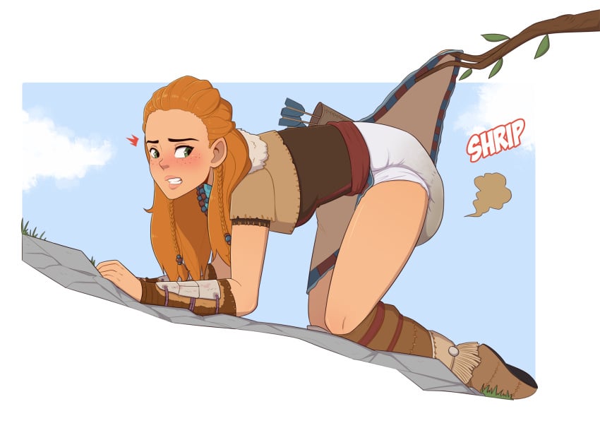 aloy clothing_lift diaper diaper_fetish diaper_under_clothing embarrassed fur_clothing horizon_zero_dawn infantilism messy_diaper on_fours pieceofsoap red_hair scat tree_branch