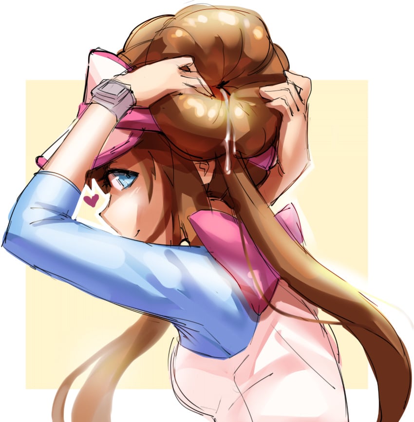 1girls after_sex bangs blue_eyes borvar bow breasts brown_hair clothed clothed_female clothing cum cum_in_hair double_bun female hair hair_bun hair_fetish hair_focus hair_pull hairbun heart inviting inviting_to_fuck looking_at_viewer nintendo pink_bow pokemon pokemon_bw2 pulling_hair raglan_sleeves rosa_(pokemon) sidelocks solo solo_focus spreading twintails visor visor_cap what