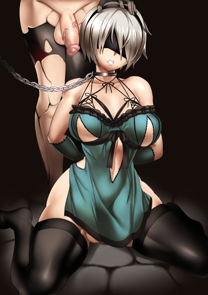 2futas blindfold breasts chains cock collar futa_only futanari grey_hair highres madkaiser nier nier:_automata pussy stockings submissive_female yorha_2b yorha_a2