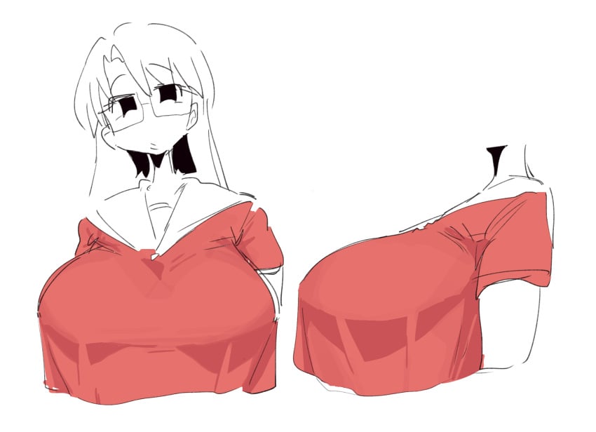 1girl 1girls 2d 2d_(artwork) 2d_artwork azumanga_daiou big_breasts breasts breasts_bigger_than_head bust_portrait clothed clothed_female clothing dark_eyes eyes_open female female_focus female_only front_view glasses hair_between_eyes huge_breasts koyomi_mizuhara large_breasts leebongchun long_breasts long_hair loose_clothes loose_shirt narrow_shoulders no_bra no_nude pursed_lips red_shirt sailor_collar sailor_uniform shirt short_sleeves side_view sketch tagme thin_neck upper_body upper_body_focus white_background