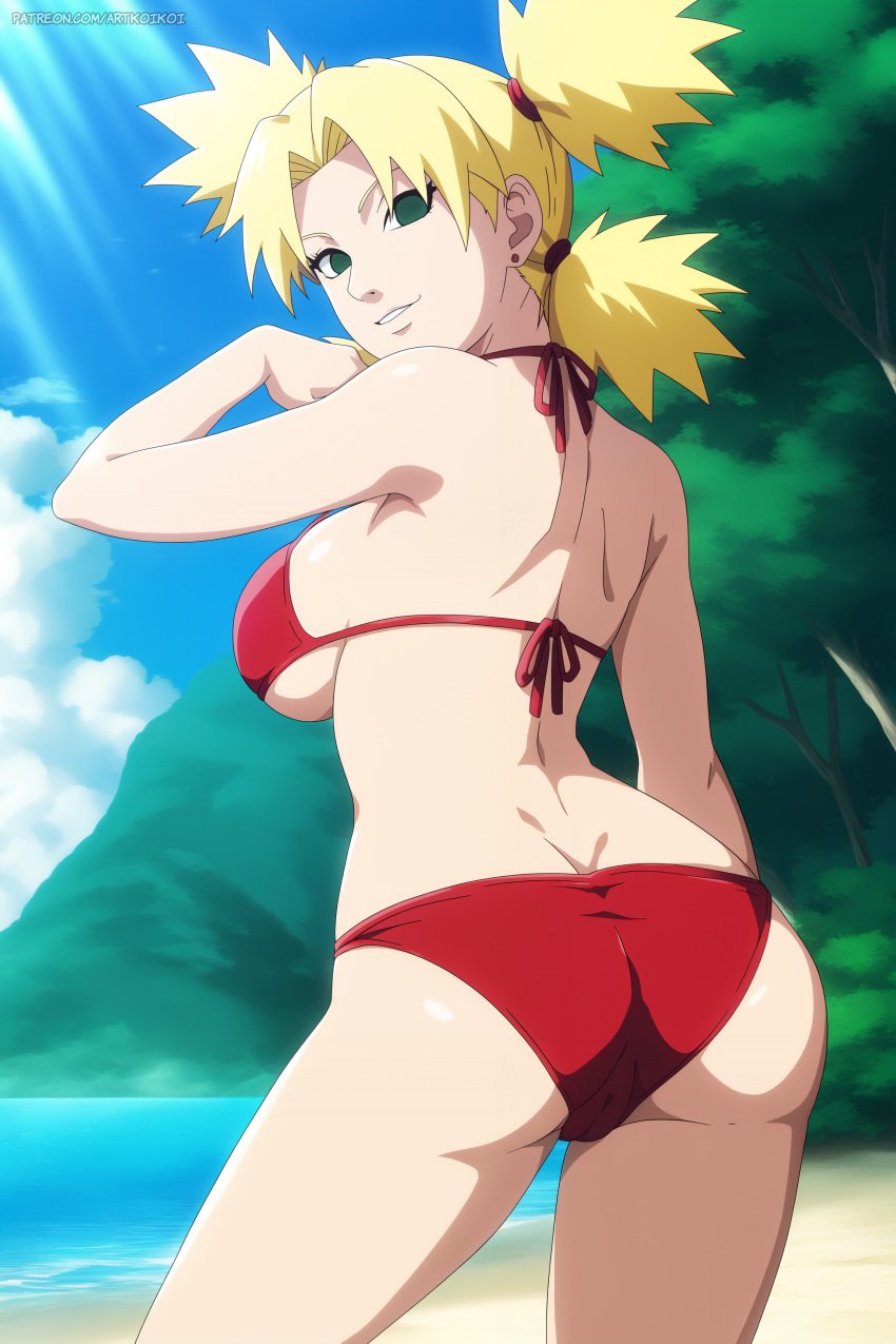 1girls ai_generated artkoikoi ass ass_focus back_view beach bikini bikini_bottom bikini_top blonde_hair blush breasts cleavage curvaceous curvy curvy_body curvy_female curvy_figure female female_only from_behind green_eyes koikoi light-skinned_female light_skin looking_at_viewer nai_diffusion naruto naruto_(series) naruto_shippuden oppai outdoors pale-skinned_female pale_skin patreon_username ponytail pussy_outline quad_tails rear_view red_bikini seaside sideboob solo solo_focus stable_diffusion teal_eyes teen teenage_girl teenager temari thighs twintails url voluptuous voluptuous_female watermark web_address white_skin