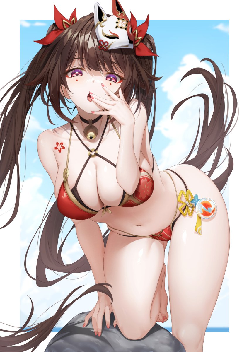 1girls alternate_breast_size artist_request beach bell_collar bikini climbing_on decoration honkai:_star_rail huge_breasts looking_down nail_polish naughty_face on_rock painted_nails painted_toenails red_nails red_toenails saliva saliva_trail seductive sparkle_(honkai:_star_rail) thick_thighs toenail_polish wide_hips