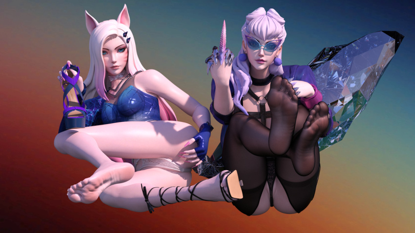 2girls 3d ahri blue-tinted_eyewear cameltoe evelynn feet female female_focus female_only foot_fetish high_heels insulting_viewer k/da_all_out_ahri k/da_all_out_evelynn k/da_all_out_series league_of_legends long_hair looking_at_viewer middle_finger panties purple-tinted_eyewear pussy_peek soles songy663 stockings sunglasses thighhighs tinted_eyewear