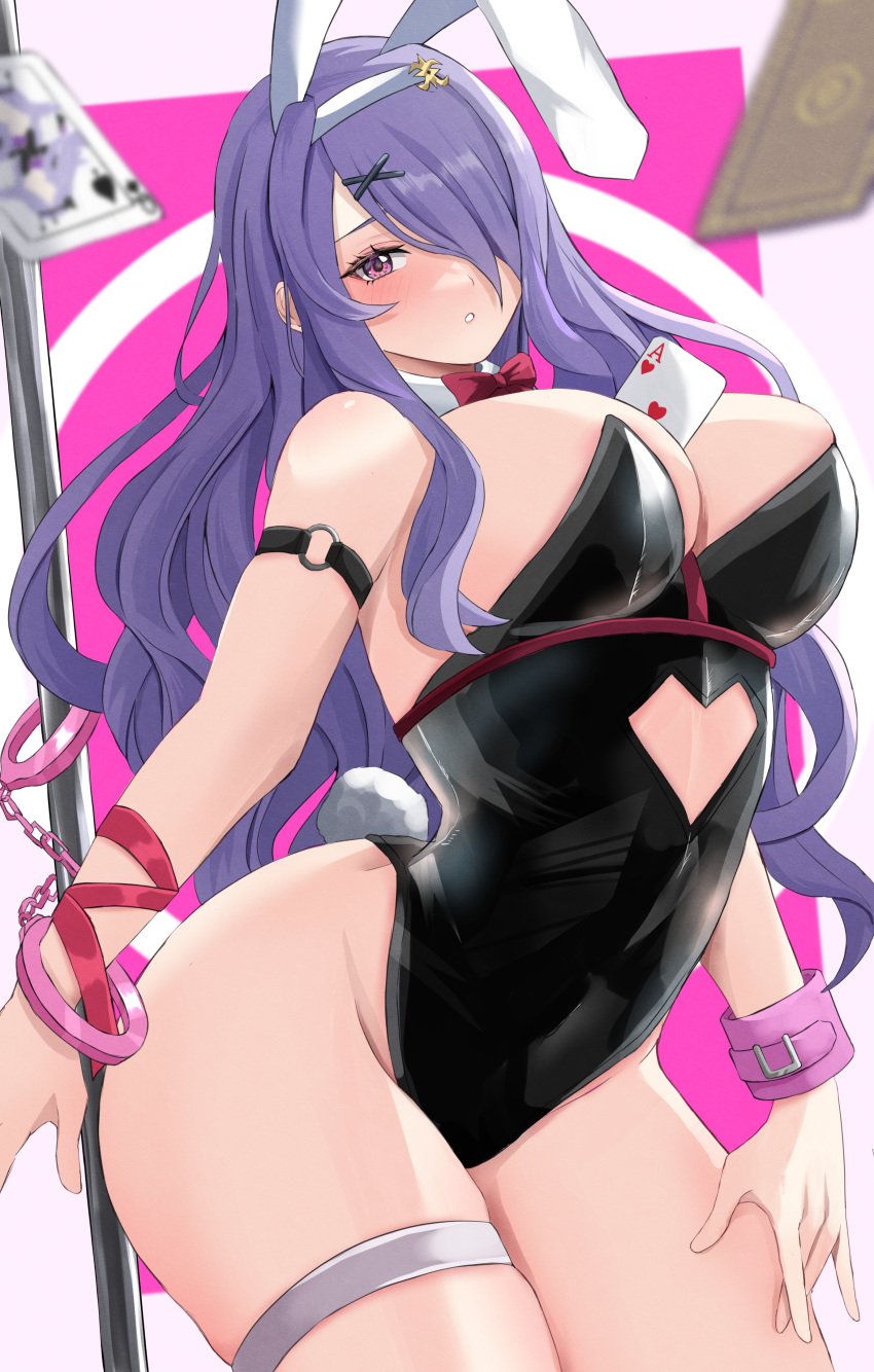 1girl 1girls absurdres alternate_costume animal_ears bare_thighs blush breasts bunny_ears bunny_girl bunnysuit camilla_(fire_emblem) card cleavage female female_only fire_emblem fire_emblem_fates highres large_breasts leotard looking_at_viewer necktie nintendo peli_cantaro playboy_bunny purple_eyes purple_hair rabbit_ears rabbit_hole_(vocaloid) rabbit_tail solo tail thick_thighs thighs