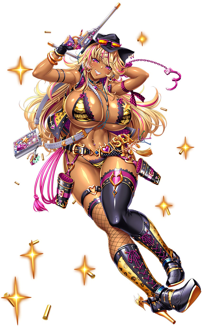 bikini blonde_hair boots bra cowboy_boots cowboy_clothes cowboy_hat cowboy_position cowboy_shot curvy dark_skin female firearm francis_(taimanin) francis_(taimanin_asagi) full_body gal gun handgun hat highres holding holding_weapon human lilith-soft lipstick long_hair makeup micro_bikini nail_polish official_art pink_eyes revolver saijou_satoru shiny_skin smile swimsuit taimanin_(series) taimanin_rpgx thong_bikini underwear very_long_hair weapon wide_hips