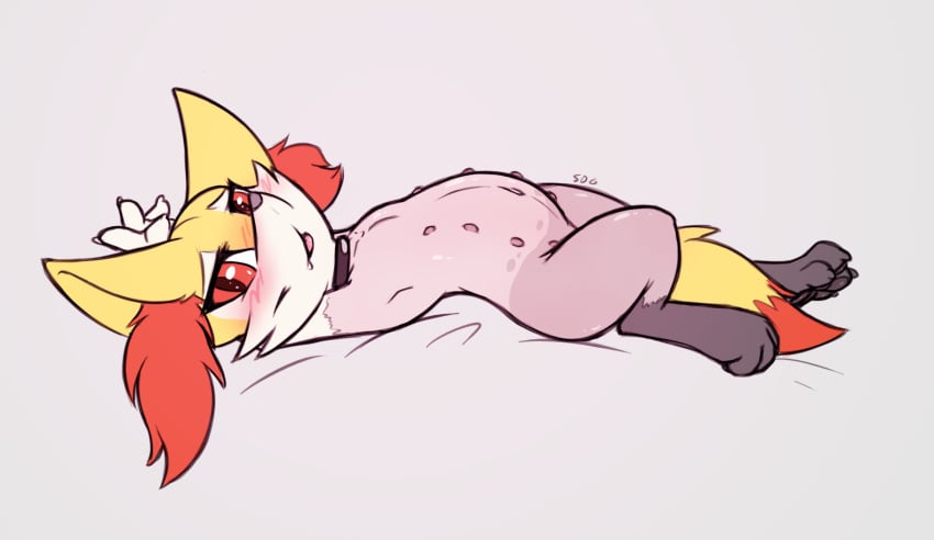 belly blush blush_lines braixen collar female fur generation_6_pokemon hi_res looking_at_viewer lying navel nintendo nipples on_back paws pokemon pokemon_(species) red_eyes shaved_pussy simple_background slowderpyguy solo tongue tongue_out yellow_body yellow_fur