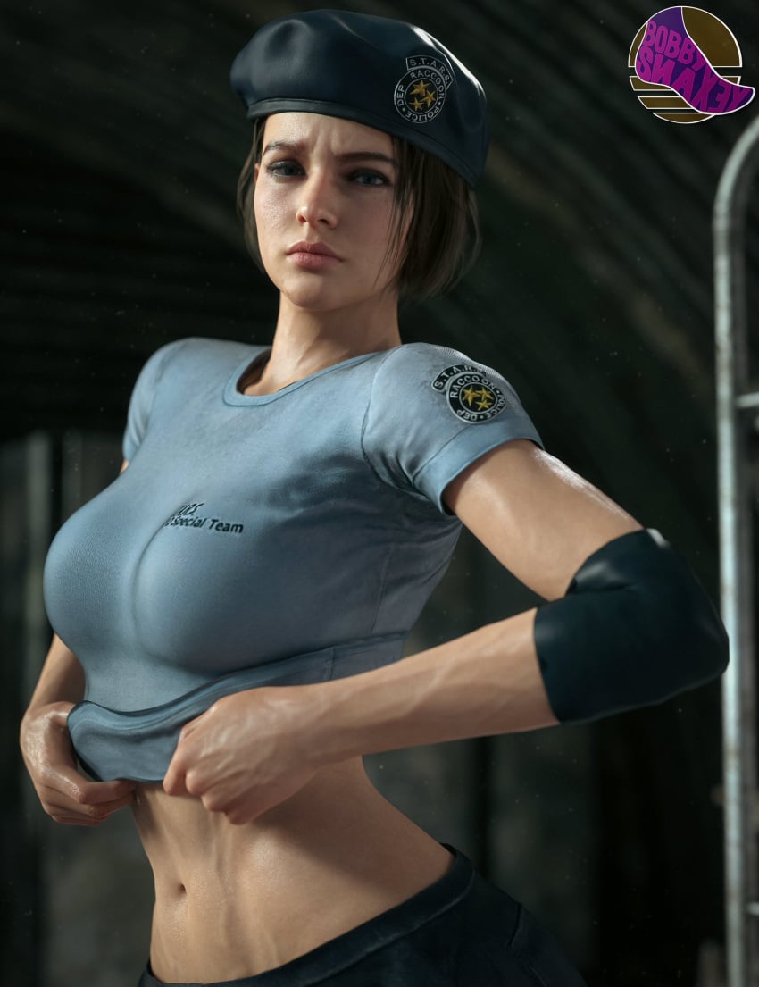 1girls 3d athletic_female beret blue_eyes bobbysnaxey brown_hair capcom fit_female jill_valentine jill_valentine_(sasha_zotova) looking_at_viewer medium_breasts muscular muscular_female police police_uniform resident_evil resident_evil_3 resident_evil_3_remake shirt_lift short_hair short_hair_female stomach undressing veins veiny_arms veiny_stomach