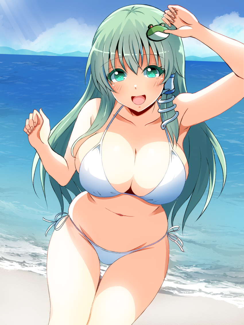 alternate_costume arm_up beach bikini blush breasts cleavage collarbone colored_eyelashes commentary_request cowboy_shot day eyes_visible_through_hair female fingernails frog_hair_ornament green_eyes green_hair hair_ornament hand_up highres horizon kochiya_sanae kyanta5354 large_breasts long_hair looking_at_viewer navel ocean open_mouth outdoors sanae_kochiya side-tie_bikini_bottom sidelocks smile snake_hair_ornament solo standing sunlight swimsuit thigh_gap touhou very_long_hair white_bikini