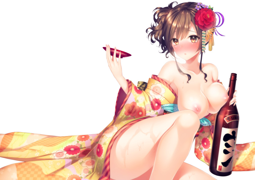 alcohol bare_legs blush bottle breasts brown_eyes brown_hair collarbone drunk female flower hair_flower hair_ornament highres japanese_clothes kimono large_breasts lying nipples off_shoulder on_side original sakazuki sake sake_bottle sidelocks solo suiheisen