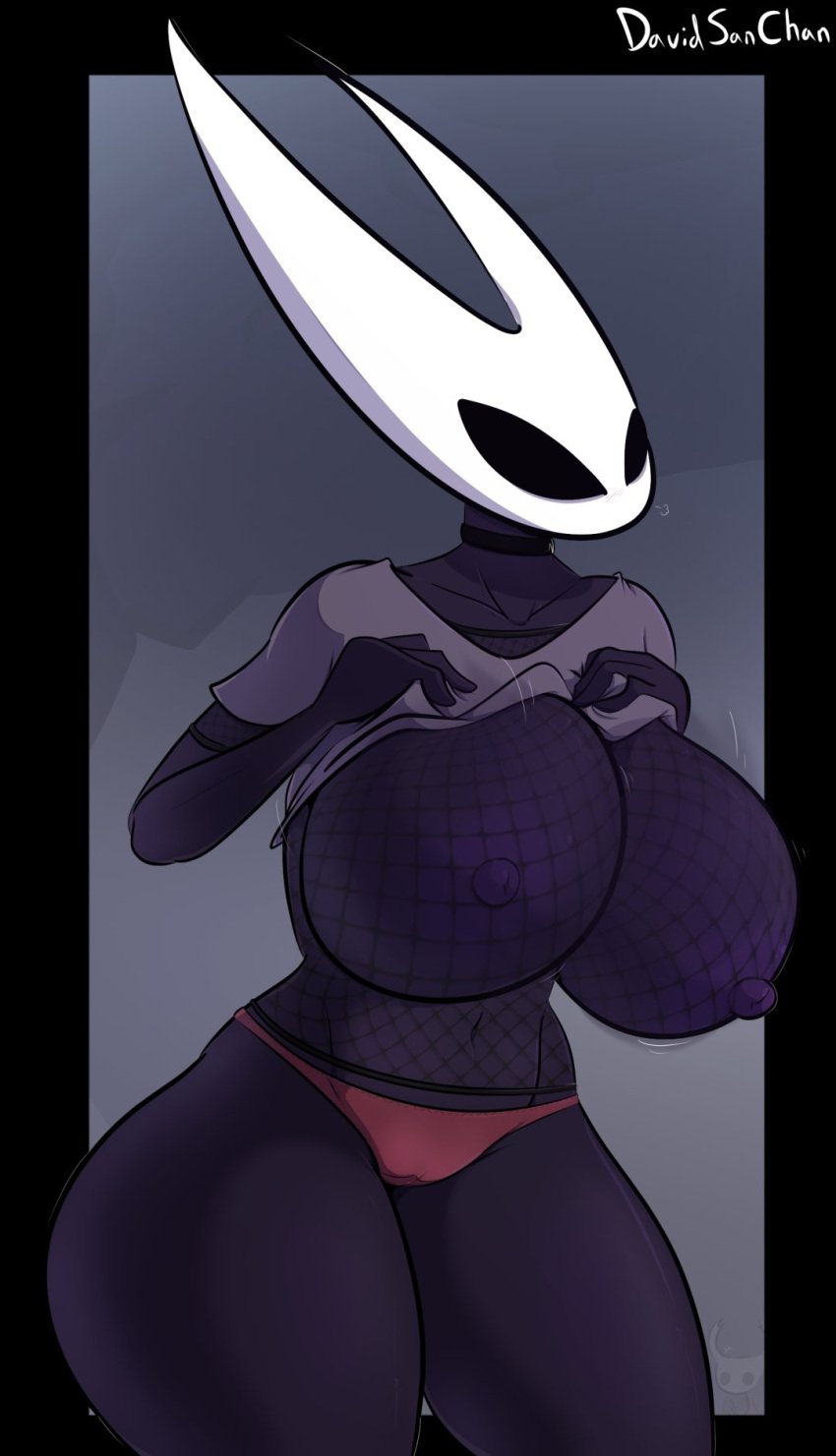 2023 big_breasts big_nipples black_body black_border black_eyes black_skin blue_background breasts davidsanchan female female_focus female_only fishnet_shirt fishnets hollow_knight hornet_(hollow_knight) nipples panties pink_panties shirt shirt_lift skull skull_head team_cherry thick_thighs thighs wide_hips