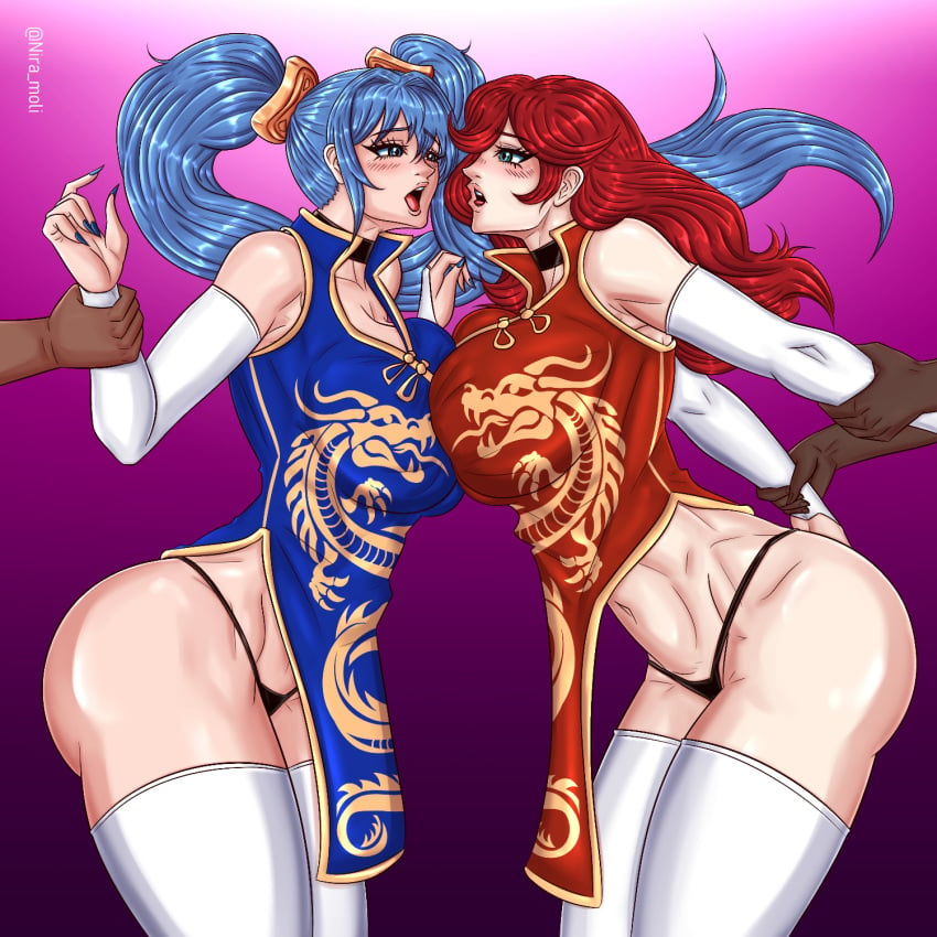 2boys 2girls ass blue_hair breast_press breast_squeeze chinese chinese_clothes chinese_dress chinese_female holding_hands huge_breasts inminent_sex league_of_legends miss_fortune niramoli qos red_hair sarah_fortune sona_buvelle thick_ass thick_thighs thong twintails year_of_the_dragon