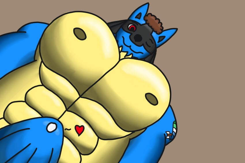 abs anthro aroused barazoku black_body black_fur blue_body blue_bottomwear blue_clothing blue_fur blue_shorts bodily_fluids bottomwear brown_hair canid canine clothing erection erection_under_clothing fur generation_4_pokemon genital_fluids hair heart_symbol lgbt_pride lucario male mammal muscular muscular_arms muscular_male nintendo nipples pec_pov_meme pecs pokemon pokemon_(species) precum precum_through_clothing red_eyes shorts solo tattoo tenting wet wet_clothing yellow_body yellow_fur