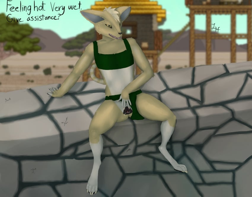 animal_genitalia animal_pussy canine canine_pussy clothing digitigrade female fenerox fennec flat_chested fox fur invalid_tag lapsushominum loincloth mammal mohawk outside pussy pussy_juice sitting solo spread_legs spread_pussy spreading starbound tan_fur video_games