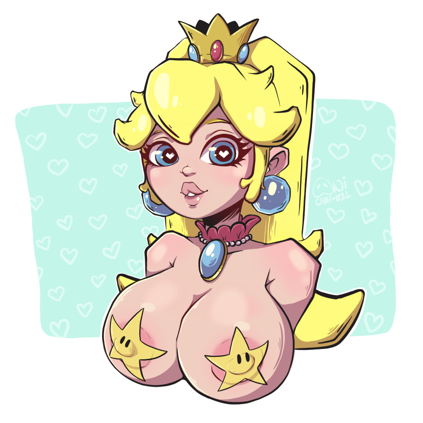 big_breasts blonde_hair blue_eyes breasts crown earrings mario_(series) nintendo nipple_stickers nipples onichaitea princess_peach royalty