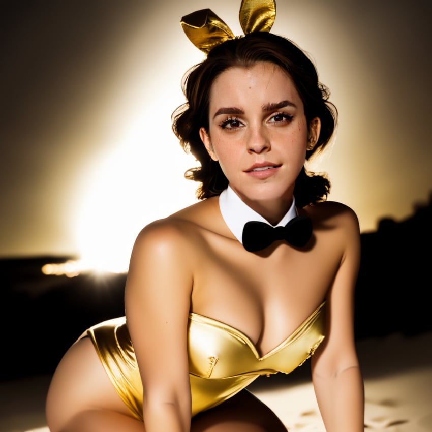 ai_generated black_bowtie brown_eyes brown_hair bunny_ears emma_watson gold_bunny_ears gold_leotard harry_potter hermione_granger l_mammc lmmai playboy_bunny playboy_bunny_costume playboy_bunny_leotard playboy_suit realistic realistic_breast_size stable_diffusion