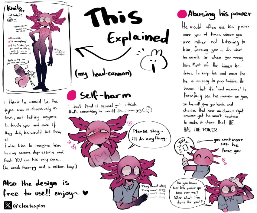 axolotl boy cleetus.piss cleetuspiss design design_sheet english_text fanart full_body game indie_game kinito kinitopet non-human non-human_only pink_body selfharm selfharm_scars sheet sheets toony_face