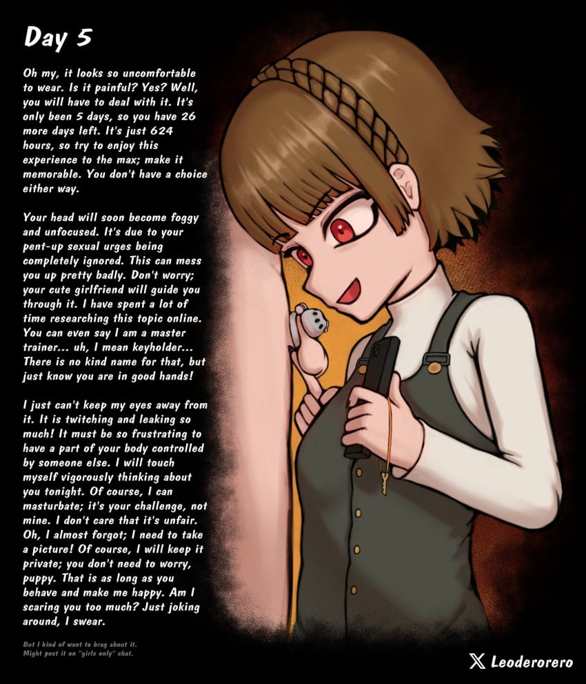 1boy chastity_cage english_text female femdom highres leoderorero makoto_niijima penis persona persona_5 small_penis testicles