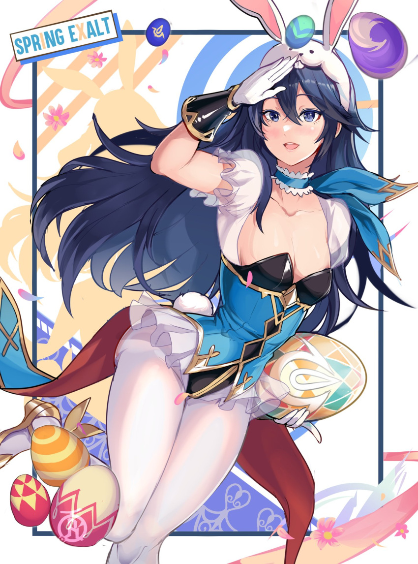 1girls alternate_costume animal_ears blue_eyes blue_hair blue_leotard blush breasts bunny_ears bunny_girl bunnysuit cleavage collarbone commentary easter easter_egg egg english_commentary english_text fake_animal_ears fake_tail female female_only fire_emblem fire_emblem_awakening fire_emblem_heroes floating_hair gloves gold_trim hair_between_eyes highres leotard long_hair looking_at_viewer lucina_(fire_emblem) lucina_(spring)_(fire_emblem) nintendo official_alternate_costume pantyhose playboy_bunny rabbit_ears rabbit_tail revolverwingstudios small_breasts smile solo tail white_gloves white_pantyhose