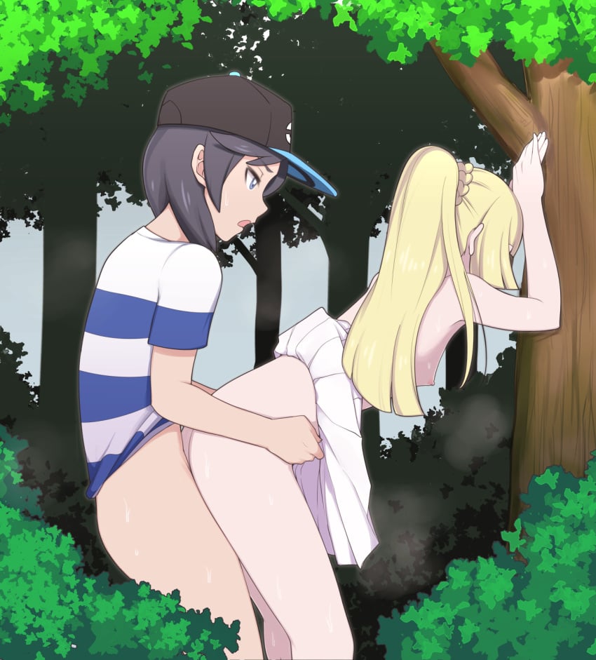 1boy 1girls against_tree baseball_cap bent_over black_hair blonde_hair bottomless breasts clothed_sex doggy_style dress dress_lift elio_(pokemon) female hat highres human lillie_(pokemon) long_hair nintendo nipples open_mouth outdoors pleated_skirt pokemon pokemon_sm ponytail sex shirt short_hair skirt skirt_lift small_breasts source_deleted spoilers straight striped striped_shirt sweat t-shirt tied_hair topless torso_grab tree trembling umayahara0130 white_skirt