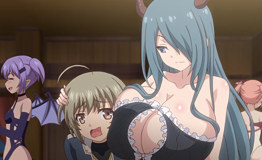 1boy1girl age_difference anime_screencap big_breasts blue_eyes blue_hair breast_grab demon_girl demon_horns demon_wings gigantic_breasts horns light-skinned_female light_skin maid main_character majin_(company) majin_label monster_girl muma_no_machi_cornelica ova people_in_background rosary_(muma_no_machi_cornelica) screenshot size_difference smaller_male smile smiling succubi succubus succubus_horns succubus_outfit succubus_wings taller_girl