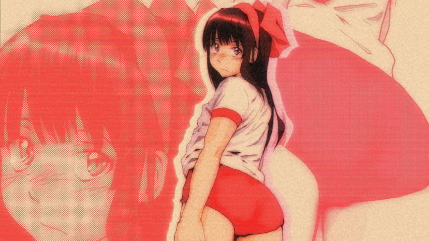 1990s 1girls ass big_ass black_hair blush breasts buruma female female_only from_behind hair_ribbon highres king_of_fighters legs long_hair looking_back nakoruru purple_eyes retro_artstyle ribbon samurai_shodown school_girl schoolgirl shirt sideboob small_breasts snk solo sportswear thighs