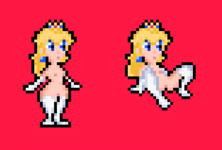 blonde_female blonde_hair blue_eyes breasts crown gloves leggings legs legs_spread mario_(series) muymal pink_nipples pink_pussy pixel_art princess princess_peach pussy socks super_princess_peach vagina