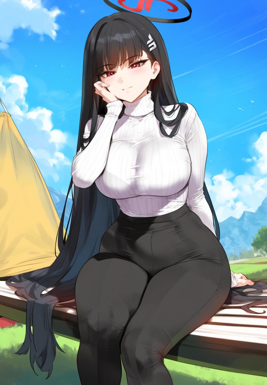 ai_generated black_hair black_pants blue_archive large_breasts long_hair red_eyes rio_(blue_archive) sitting tagme thick_thighs tight_clothing truck_kun white_shirt