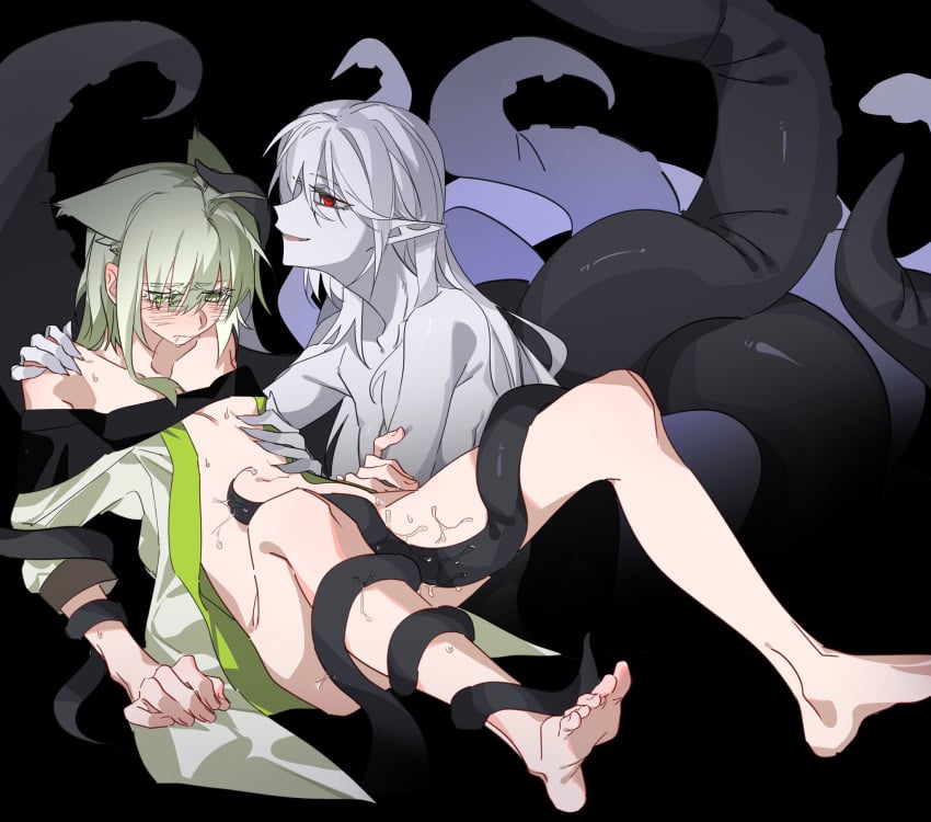 2girls animal_ears arknights bare_legs barefoot black_background blush bottomless cat_ears coat colored_skin commentary drooling feet green_coat green_eyes green_hair grey_hair grey_skin hand_on_another's_chest hand_on_another's_shoulder highres kal'tsit_(arknights) long_hair medium_hair molu_stranger multiple_girls open_clothes open_coat parted_lips pointy_ears pussy_juice red_eyes saliva simple_background skadi_(arknights) smile sweat tentacle yuri