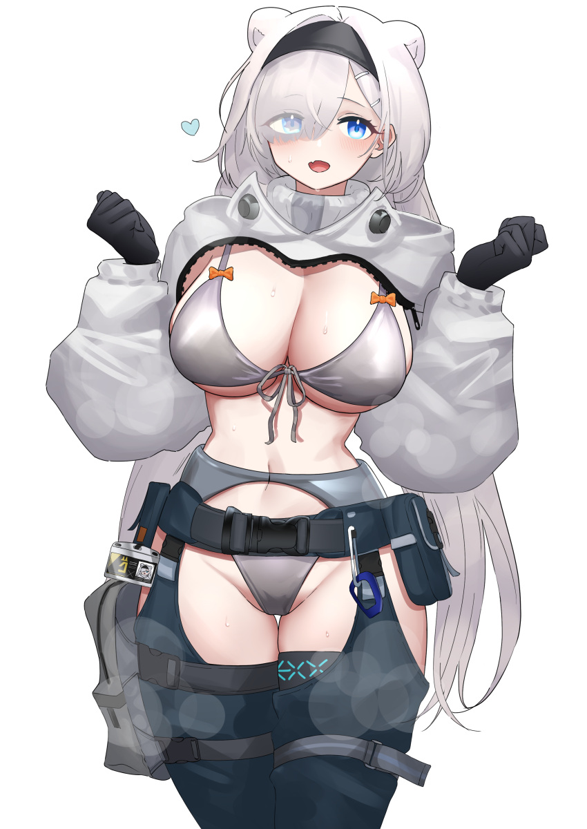 1girls 2d 5_fingers :o animal_ear_fluff animal_ears arknights artist_request aurora_(arknights) bear_ears bear_girl belly belly_button big_breasts big_thighs black_gloves black_hairband blue_eyes blue_thighhighs blush bra busty chaps cleavage clothed clothed_female crotchless crotchless_chaps curvaceous curvy cute cute_fang dem_legs extra_ears eye_visible_through_hair female female_only front-tie_bikini front-tie_top giant_breasts gloves grey_bikini grey_bra grey_thong hair_covering_eye hair_over_one_eye hairband hairclip happy heart hips huge_breasts huge_thighs id_card infection_monitor_(arknights) large_breasts large_thighs legband legs light-skinned_female light_skin long_hair long_sleeves looking_at_viewer massive_breasts massive_thighs midriff naughty_face naughty_smile navel revealing_clothes seductive seductive_eyes seductive_gaze seductive_look seductive_mouth seductive_pose seductive_smile shrug_(clothing) simple_background skin_fang smile solo solo_female stomach sweat sweatdrop thick_legs thick_thighs thigh_gap thigh_strap thighs thong very_long_hair voluptuous w_arms waist wasp_waist white_background white_hair wide_hips wide_sleeves wide_thighs