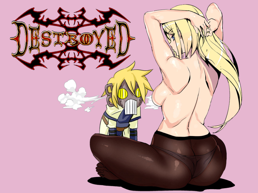 ass black_legwear blonde_hair breasts guilty_gear long_hair millia_rage panties robo-ky sideboob sitting third-party_edit topless traced