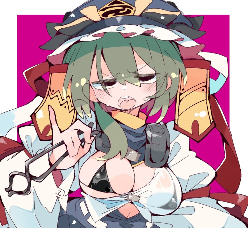 black_bra bra eiki_shiki furrowed_brow holding_object large_breasts massakasama see-through see-through_clothing sweaty tagme tongue_out touhou tweezers unamused upper_body