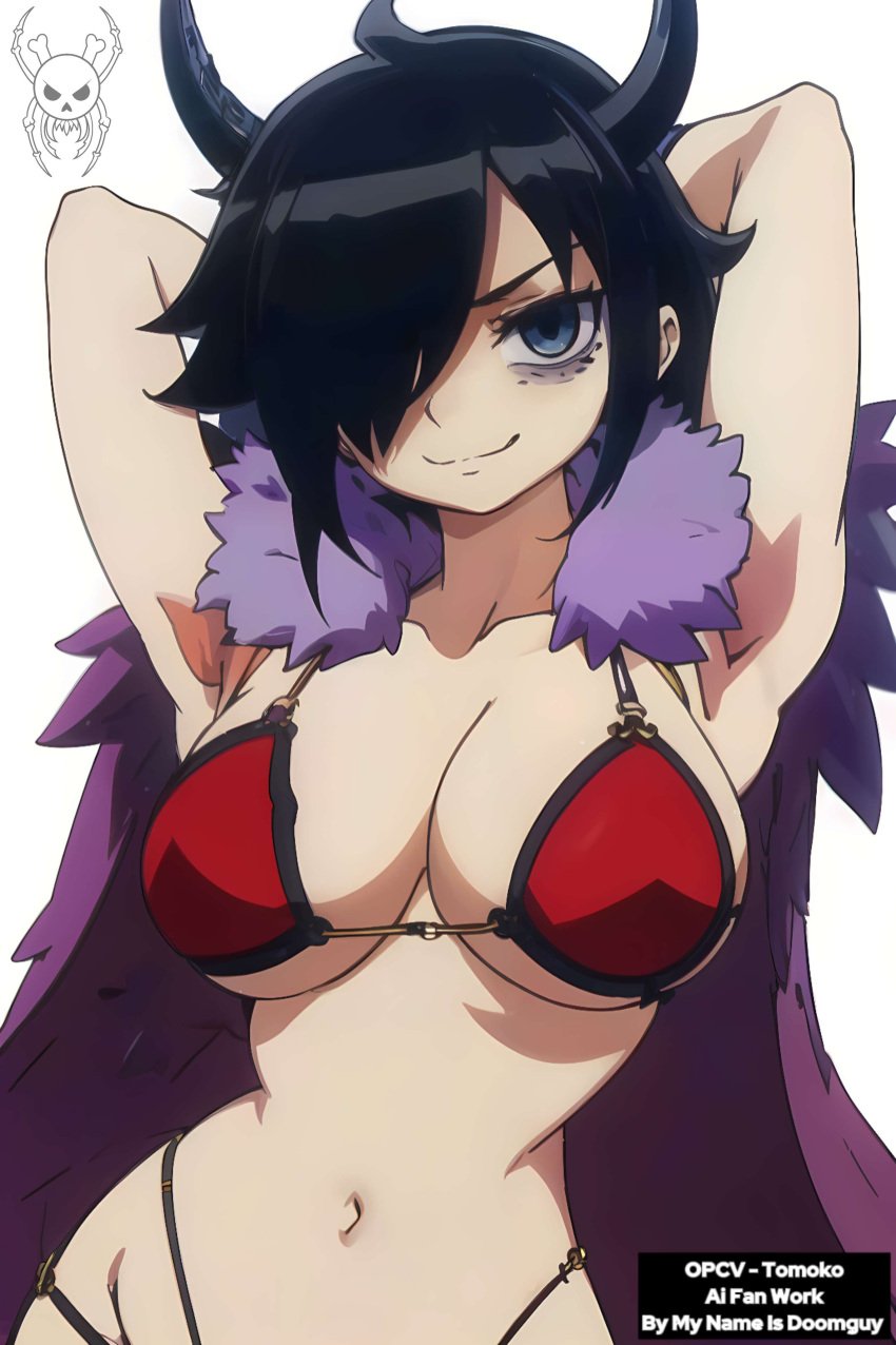 1girls ai_generated beast_pirates beast_pirates_(cosplay) big_breasts bikini_top black_hair female female_only horns jimiko kuroki_tomoko mynameisdoomguy one_piece self_upload solo solo_female watashi_ga_motenai_no_wa_dou_kangaetemo_omaera_ga_warui!