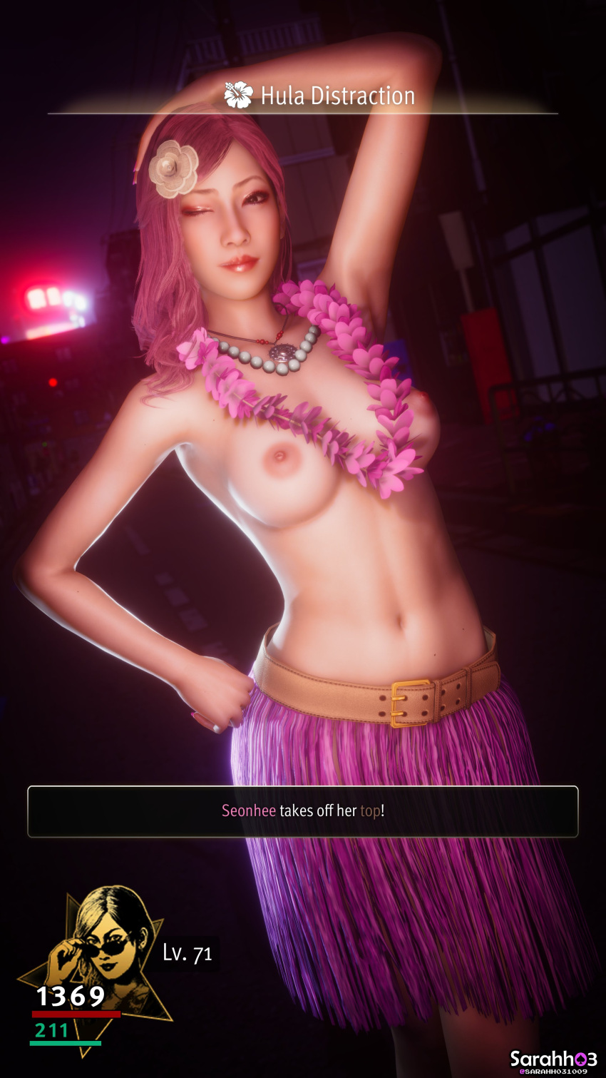 1girls 3d asian belt_skirt belted_skirt breasts hula japanese like_a_dragon_(series) nipples pink_hair ryuu_ga_gotoku sarahh03 seong-hui seonhee skill skill_move skirt special_move status_effect