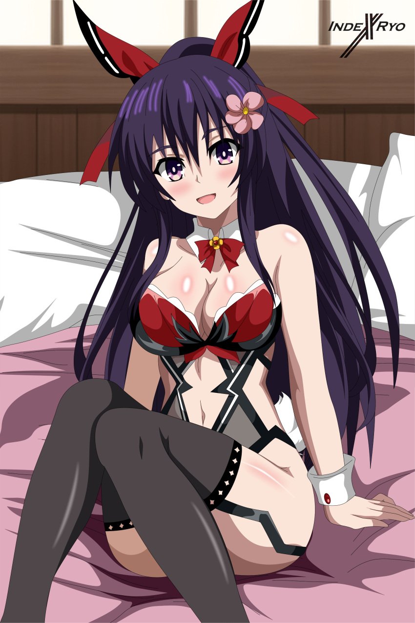 bed breasts date_a_live female female_only garter_straps indexryo light-skinned_female lingerie long_hair purple_eyes purple_hair solo solo_female stockings thighs yatogami_tohka