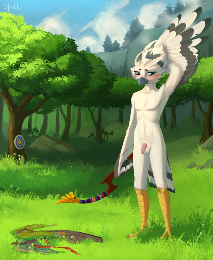 aged_up anthro arrow_(weapon) avian avian_feet balls beak blue_eyes blush bow_(weapon) clothing cloud detailed_background discarded_clothing feathered_wings feathers forest genitals hi_res male nintendo nude nude_anthro nude_male penis plant ranged_weapon rito sky skyscape solo spotty.cat tapering_penis target target_practice tears_of_the_kingdom the_legend_of_zelda tree tulin_(zelda) weapon white_balls white_body wings young