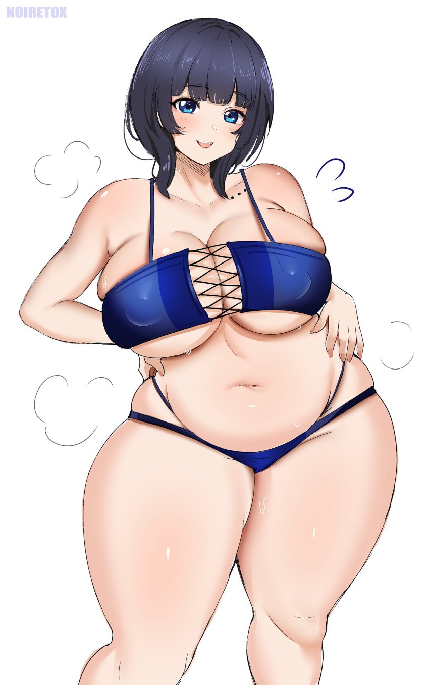 asaka_karin belly big_belly blue_bikini blush chubby chubby_female fat huge_breasts huge_thighs love_live! love_live!_nijigasaki_high_school_idol_club noiretox plump smile steam sweat swimsuit thick_thighs wide_hips