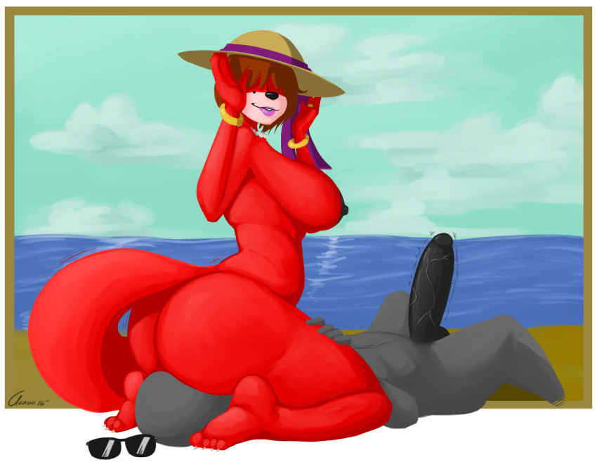 ass beach big_ass big_breasts big_butt breasts canine clothing duo erection eyewear facesitting female fox fur furry hat headwear hidden_(artist) hidden_orosubi looking_back male male/female mammal milf mostly_nude nipples nude oral penis seaside smile straight sunglasses tail thick_thighs